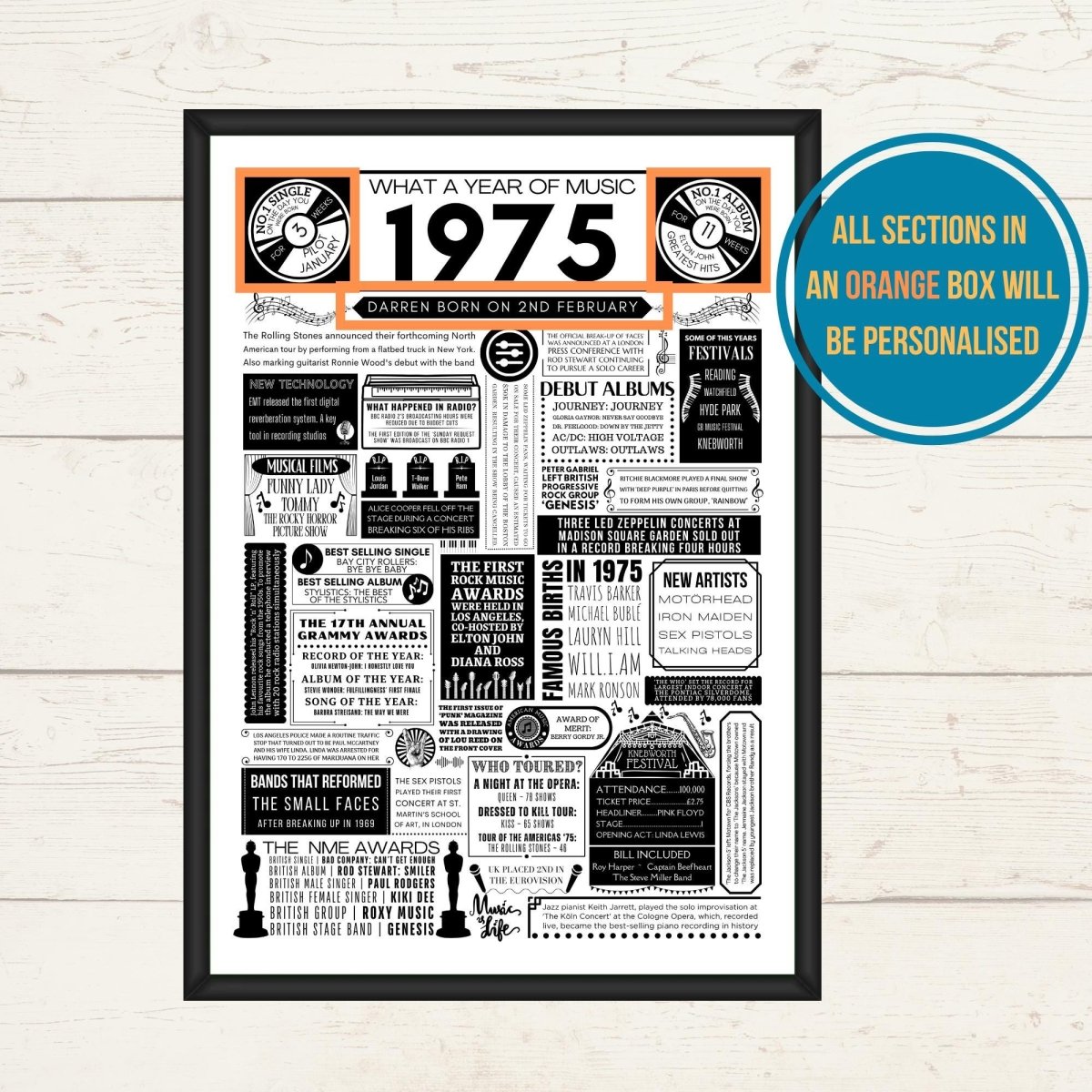 1975 Personalised Music Print | 50th Birthday Gift - The Word Shack