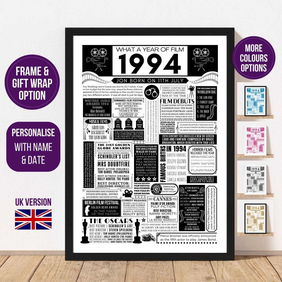 1994 Personalised Film Fact Birthday Print | 30th Movie Facts Birthday Gift | Poster Gift for Him | Gift for Her - UK Version - The Word Shack