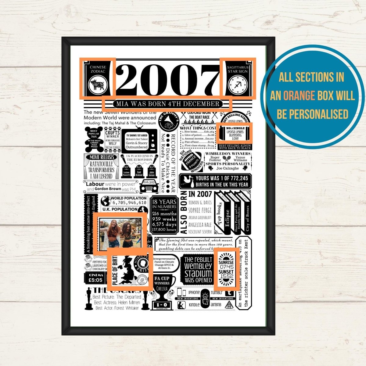 2007 Personalised Birthday Poster with Photo | Year You Were Born 18th Birthday Gift - The Word Shack