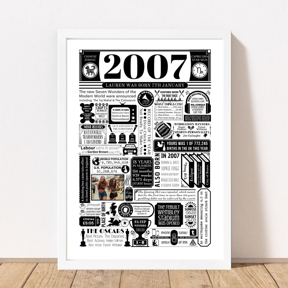 2007 Personalised Birthday Poster with Photo | Year You Were Born 18th Birthday Gift - The Word Shack