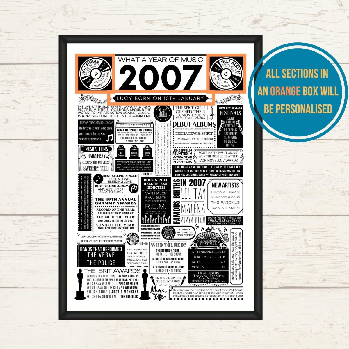 2007 Personalised Music Fact Print | 18th Music Birthday Gift - The Word Shack