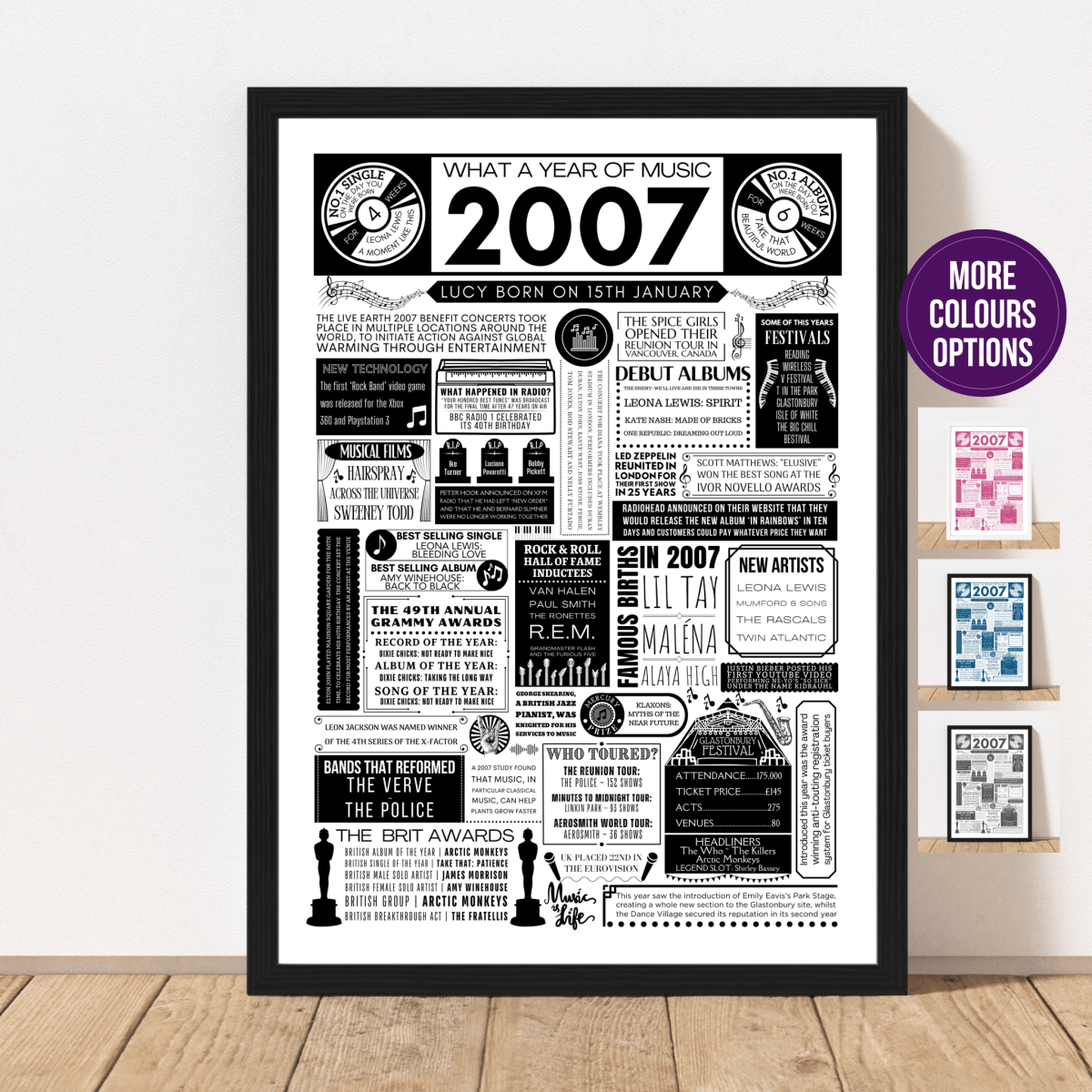 2007 Personalised Music Fact Print | 18th Music Birthday Gift - The Word Shack