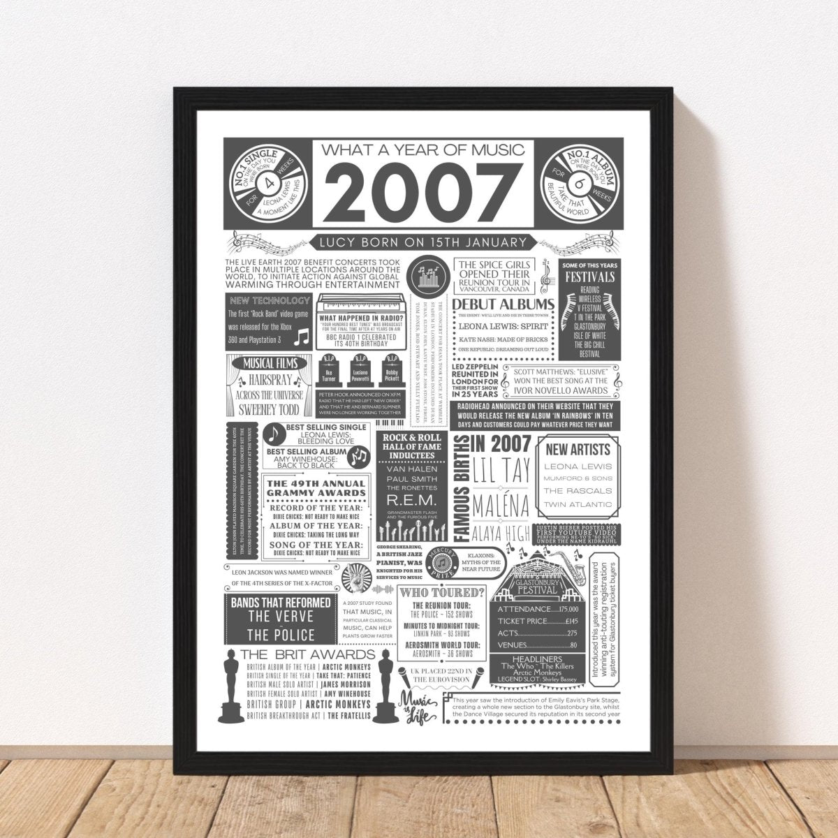 2007 Personalised Music Fact Print | 18th Music Birthday Gift - The Word Shack
