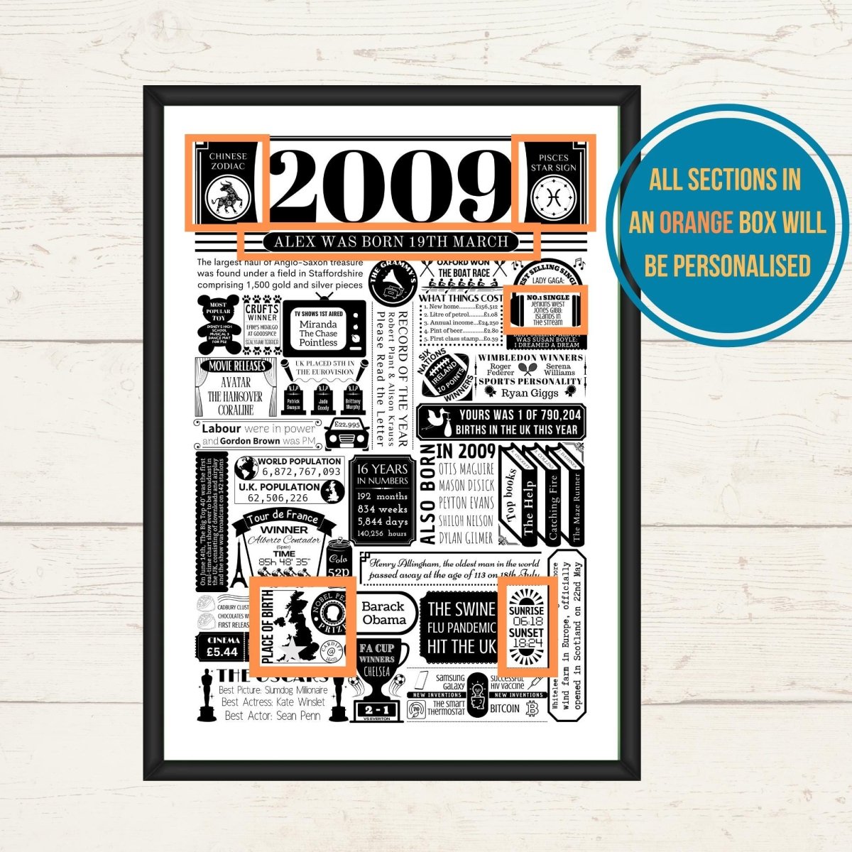 2009 Birthday Fact Poster | Personalised 16th Birthday Gift - The Word Shack