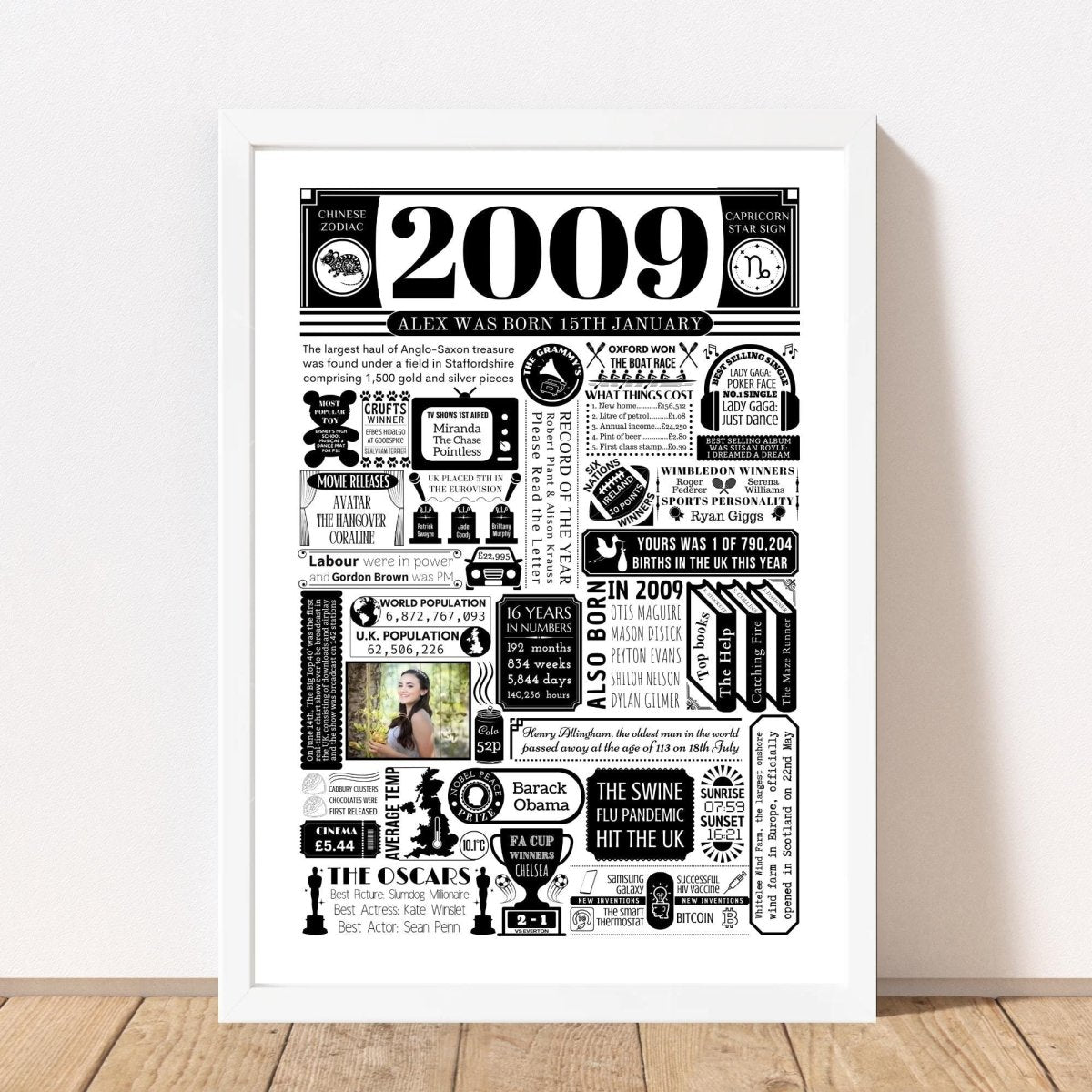 2009 Personalised Birthday Poster with Photo | Year You Were Born 16th Birthday Gift - The Word Shack