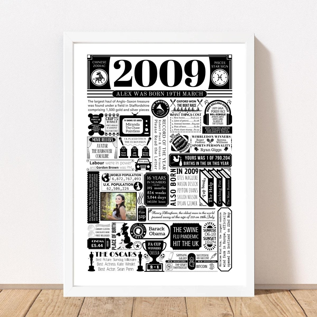2009 Personalised Birthday Poster with Photo | Year You Were Born 16th Birthday Gift - The Word Shack