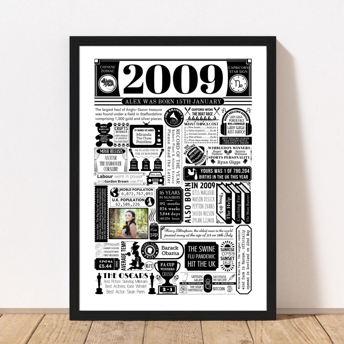 2009 Personalised Birthday Poster with Photo | Year You Were Born 16th Birthday Gift - The Word Shack