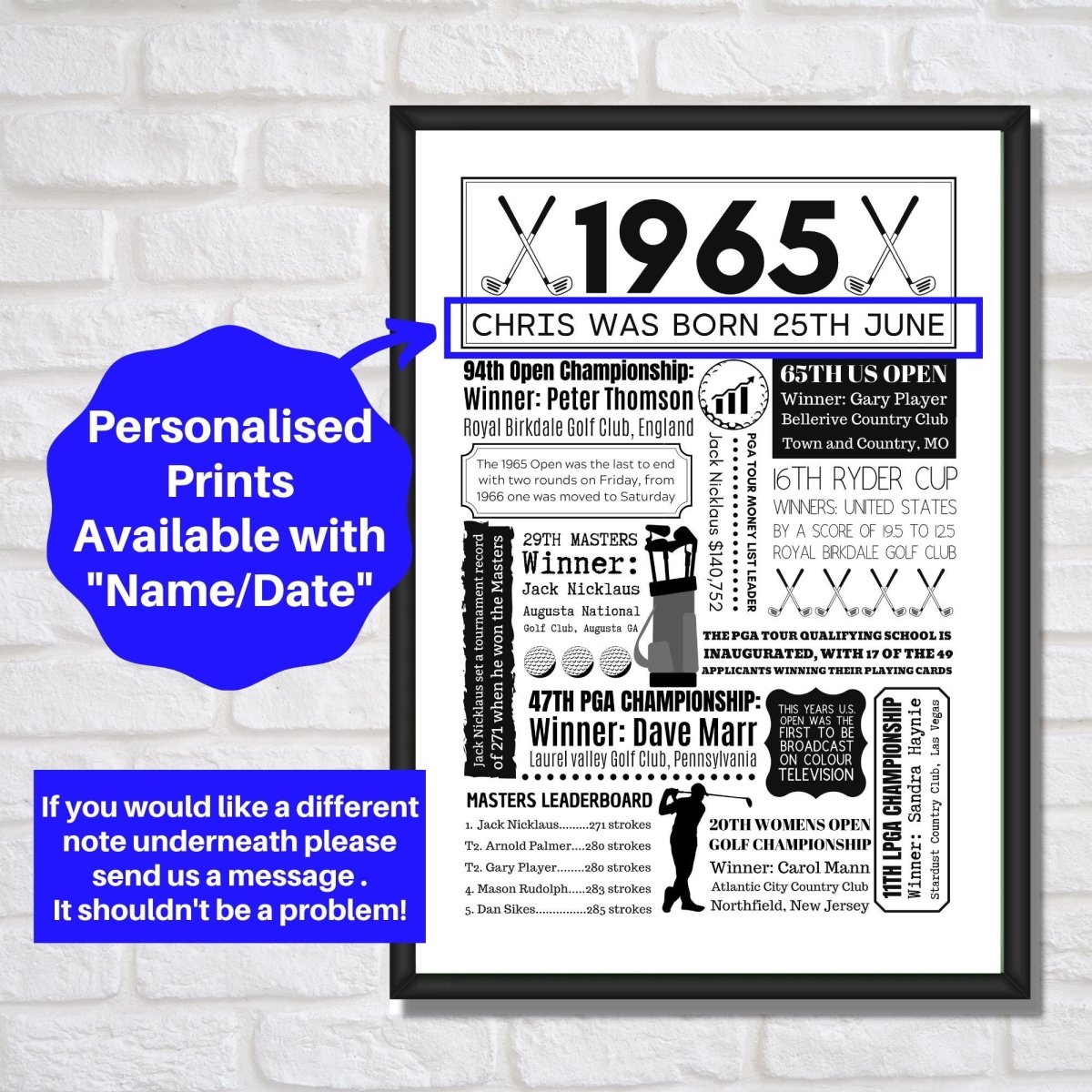 60th Golf Birthday Gift | Personalised 1965 Year You Were Born Golf Poster | 60th birthday gift for men – A4 Frame & Gift Option - The Word Shack
