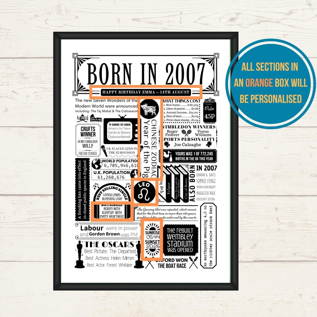 Born in 2007 18th Birthday Fact Poster | Personalised Year You Were Born Print - The Word Shack