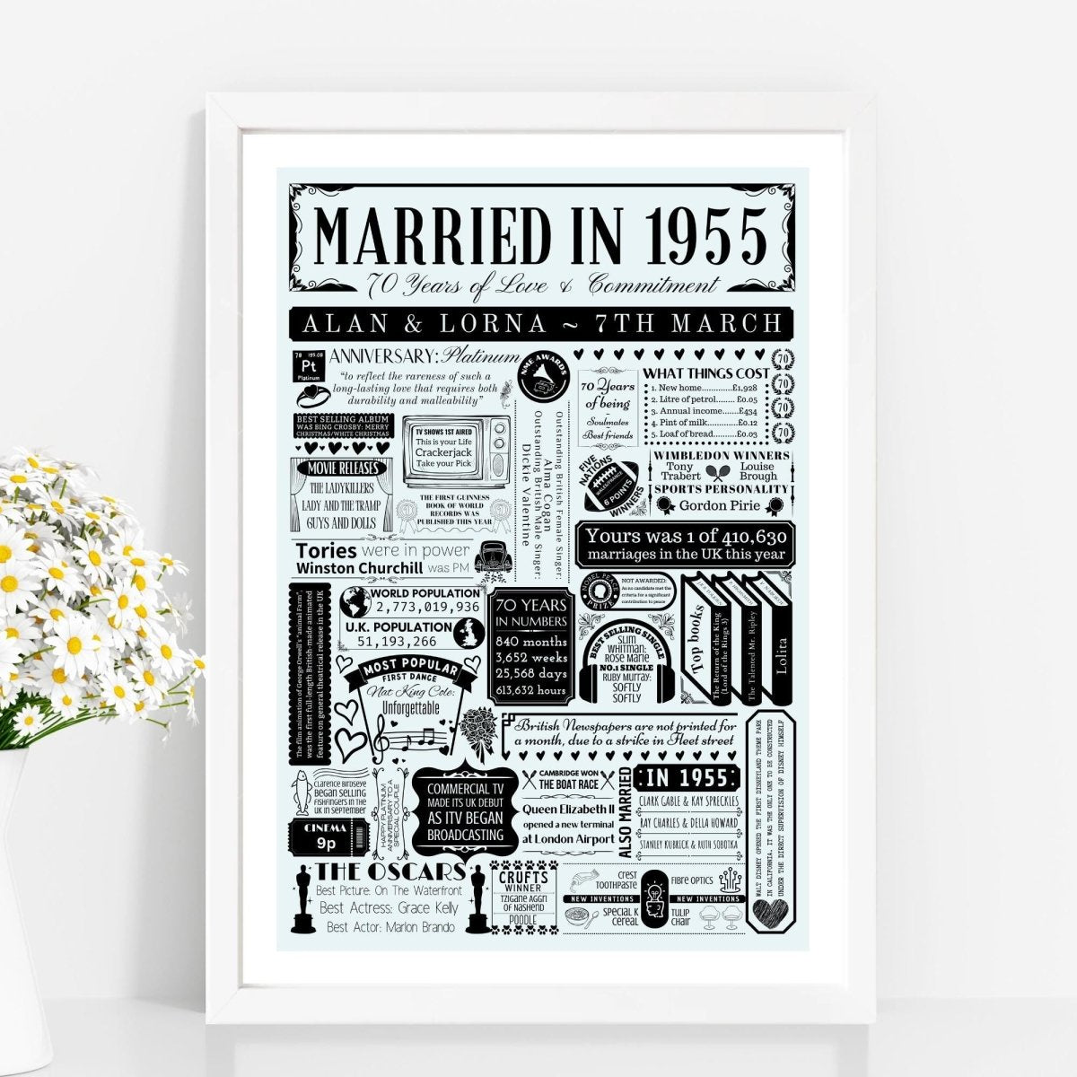 Married in 1955 Print | Personalised 70th Platinum Wedding Anniversary Gift - The Word Shack