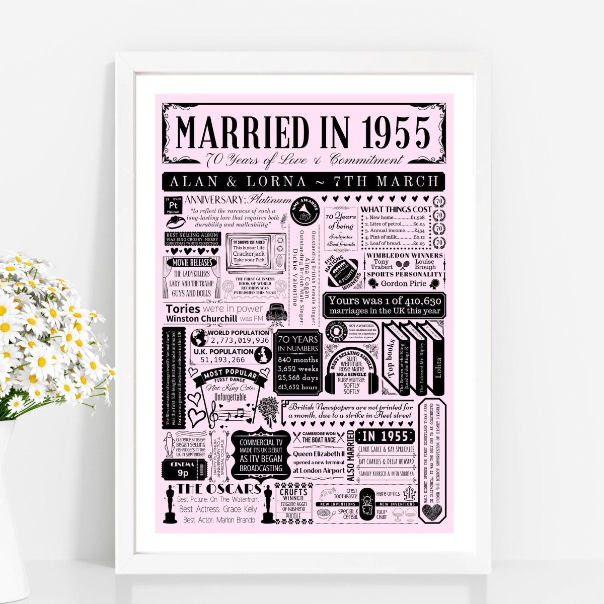 Married in 1955 Print | Personalised 70th Platinum Wedding Anniversary Gift - The Word Shack