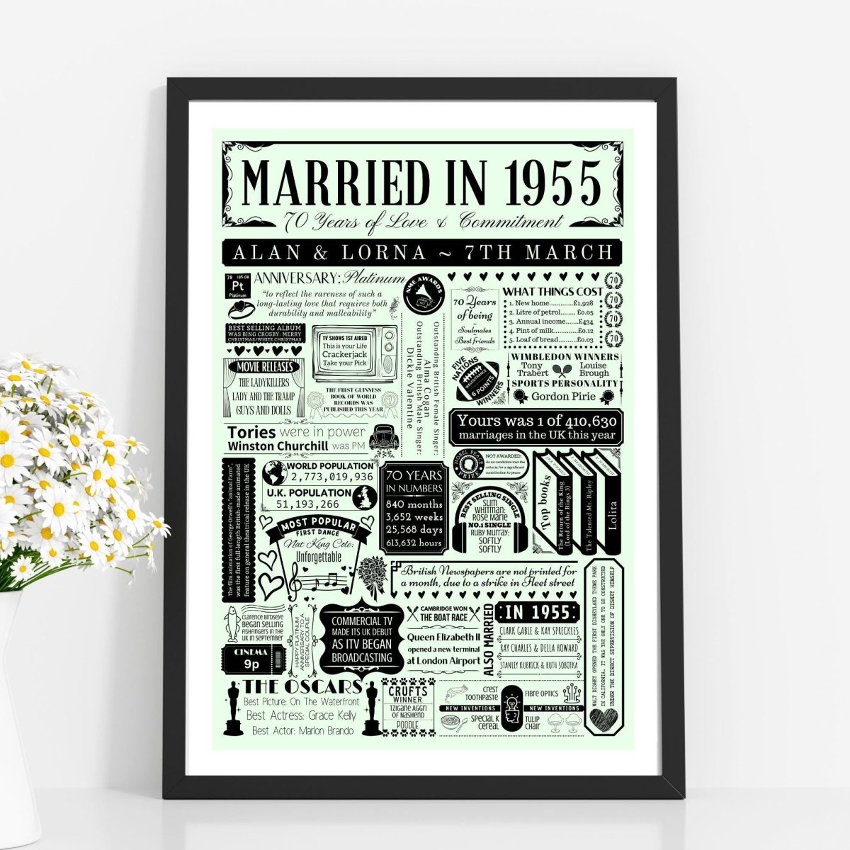 Married in 1955 Print | Personalised 70th Platinum Wedding Anniversary Gift - The Word Shack