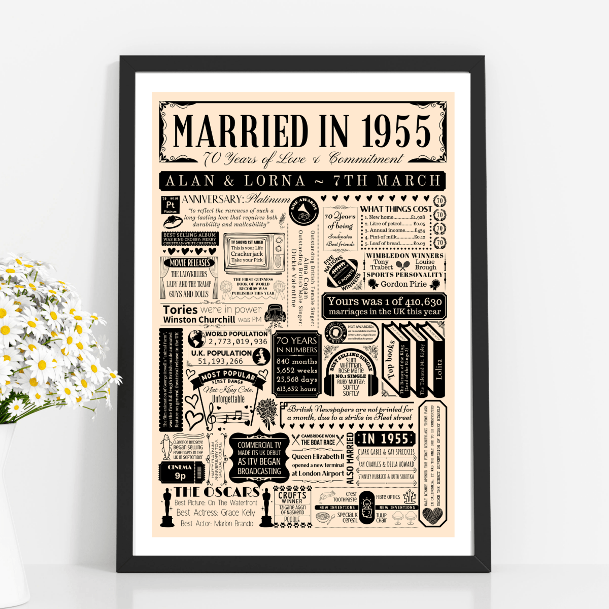 Married in 1955 Print | Personalised 70th Platinum Wedding Anniversary Gift - The Word Shack