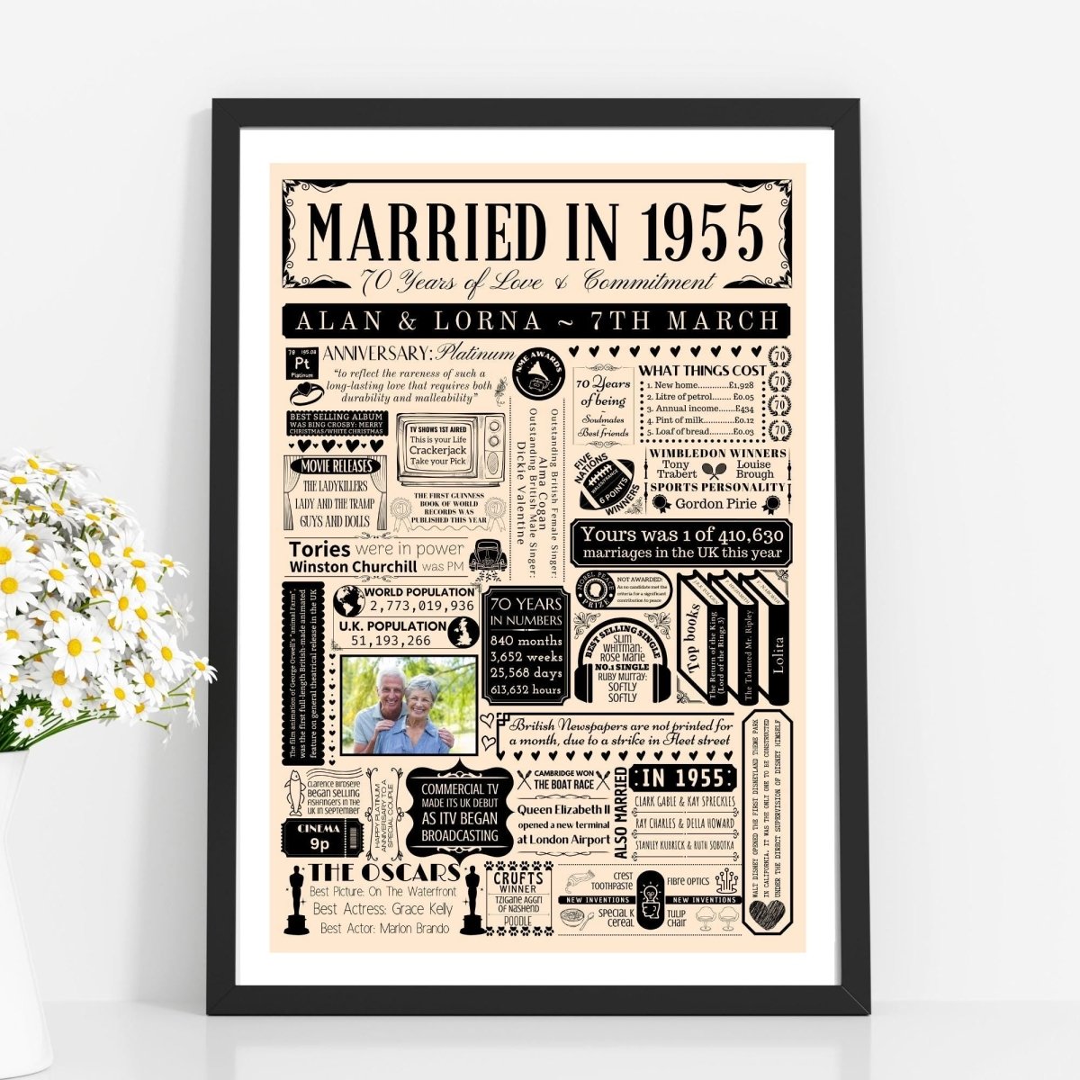 Married in 1955 Print with Photo | Personalised 70th Platinum Wedding Anniversary Gift - The Word Shack