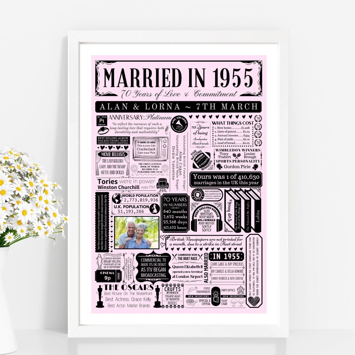 Married in 1955 Print with Photo | Personalised 70th Platinum Wedding Anniversary Gift - The Word Shack