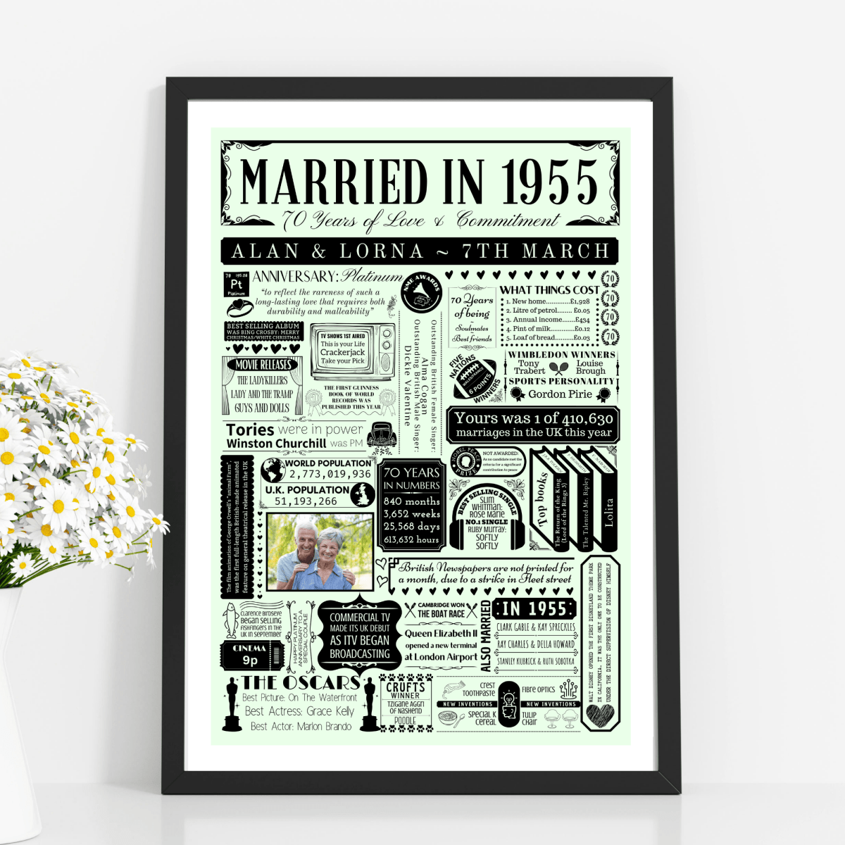 Married in 1955 Print with Photo | Personalised 70th Platinum Wedding Anniversary Gift - The Word Shack