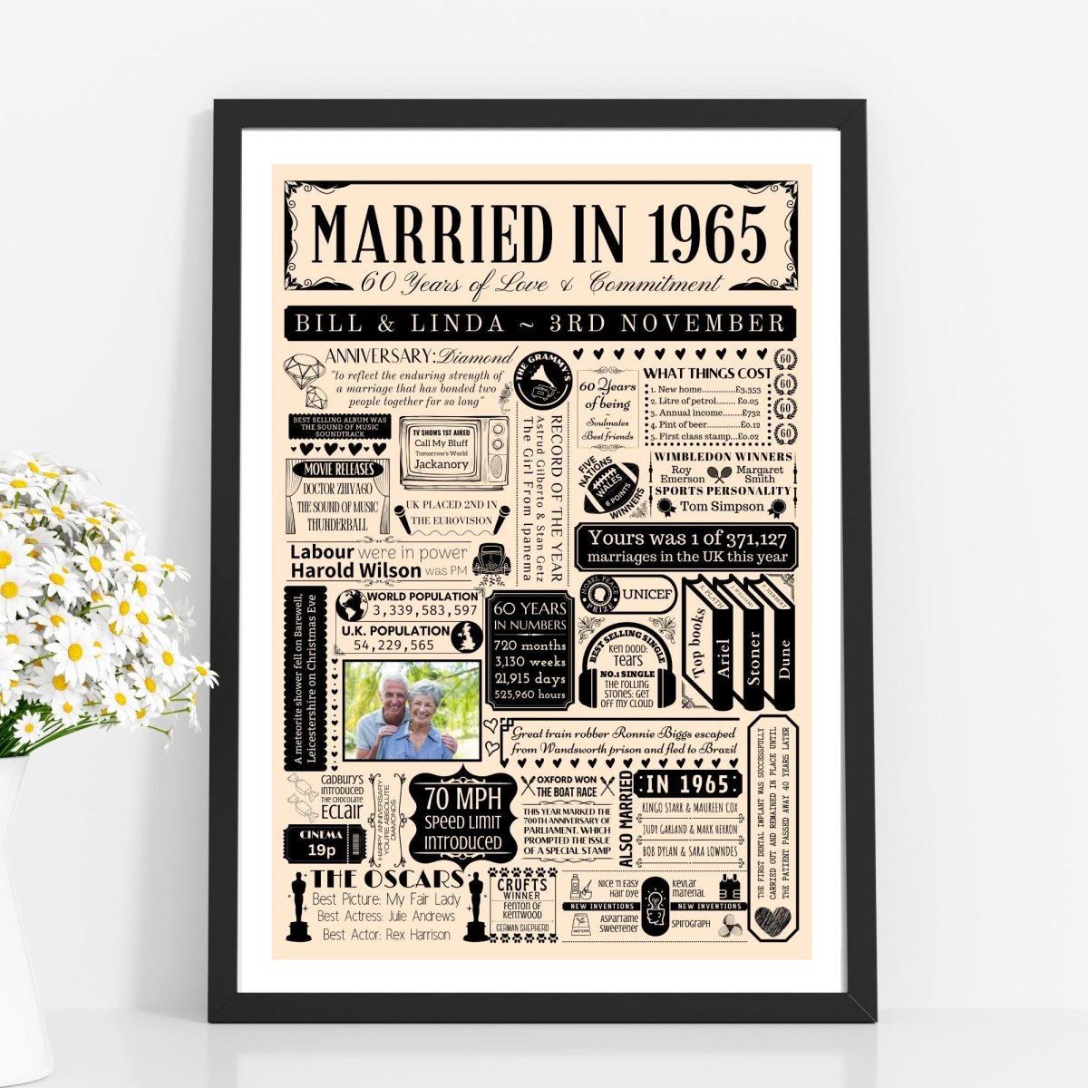 Married in 1965 Fact Print with Photo | Personalised 60th Diamond Wedding Anniversary Gift - The Word Shack