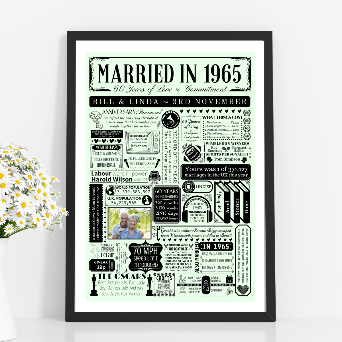 Married in 1965 Fact Print with Photo | Personalised 60th Diamond Wedding Anniversary Gift - The Word Shack