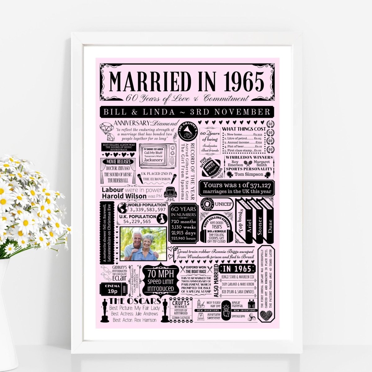 Married in 1965 Fact Print with Photo | Personalised 60th Diamond Wedding Anniversary Gift - The Word Shack