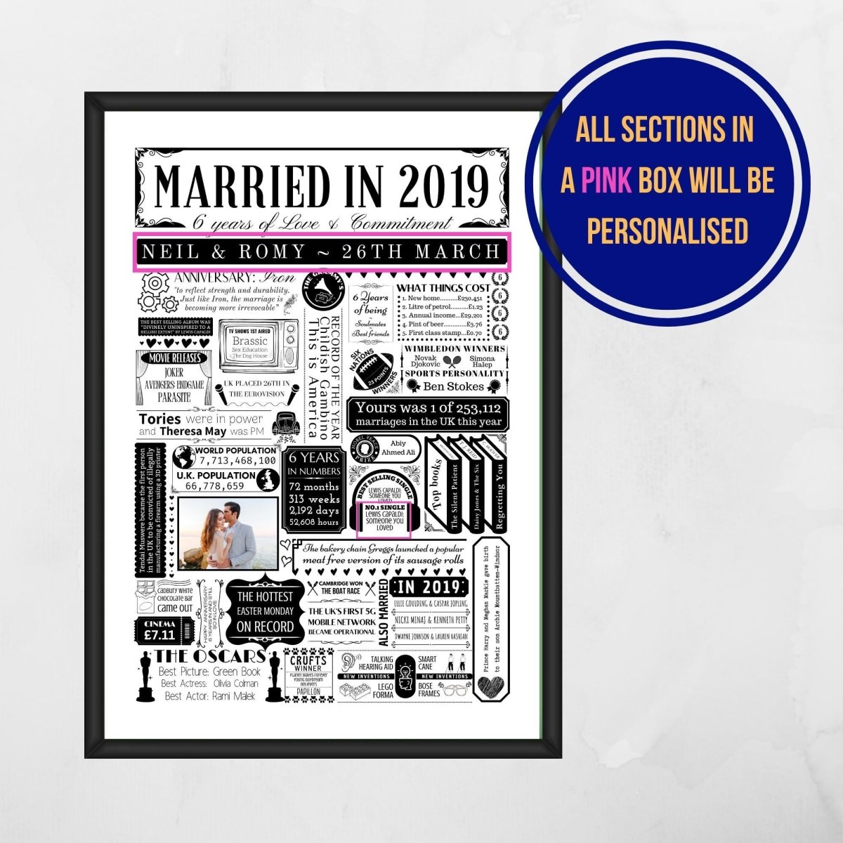 Married in 2019 Photo Print | Personalised 6th Iron Wedding Anniversary Gift - The Word Shack