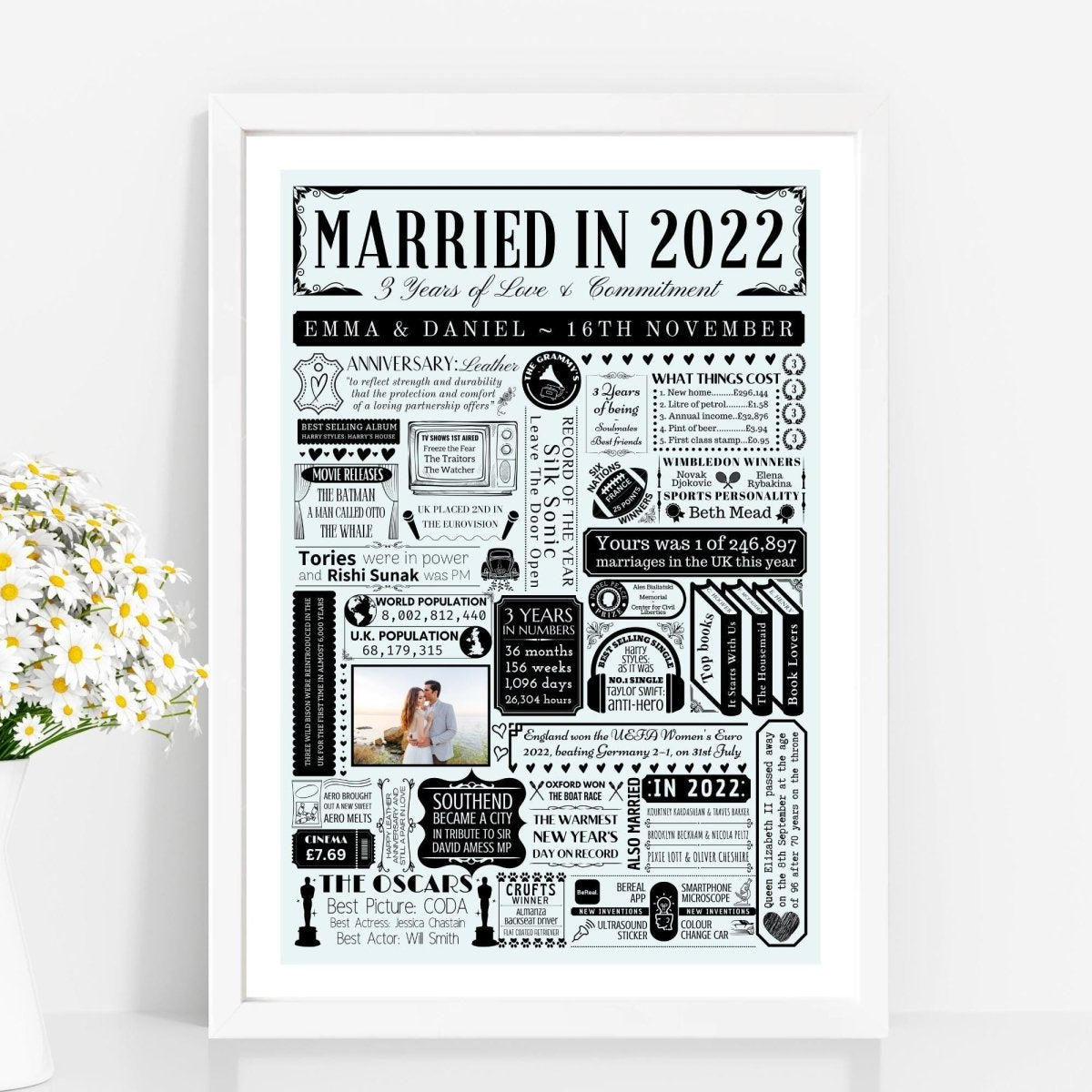 Married in 2022 Photo Print | Personalised 3rd Leather Wedding Anniversary Gift - The Word Shack