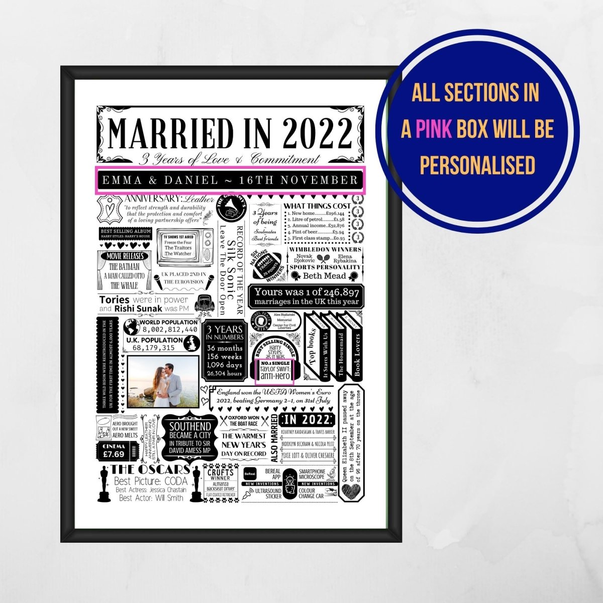 Married in 2022 Photo Print | Personalised 3rd Leather Wedding Anniversary Gift - The Word Shack