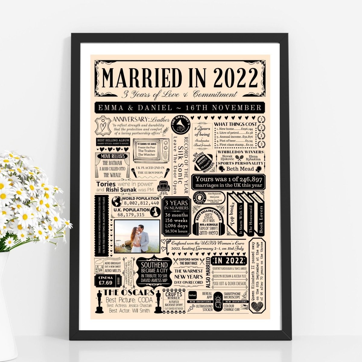 Married in 2022 Photo Print | Personalised 3rd Leather Wedding Anniversary Gift - The Word Shack