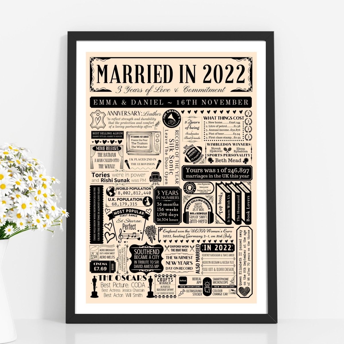 Married in 2022 Print | Personalised 3rd Leather Wedding Anniversary Gift - The Word Shack