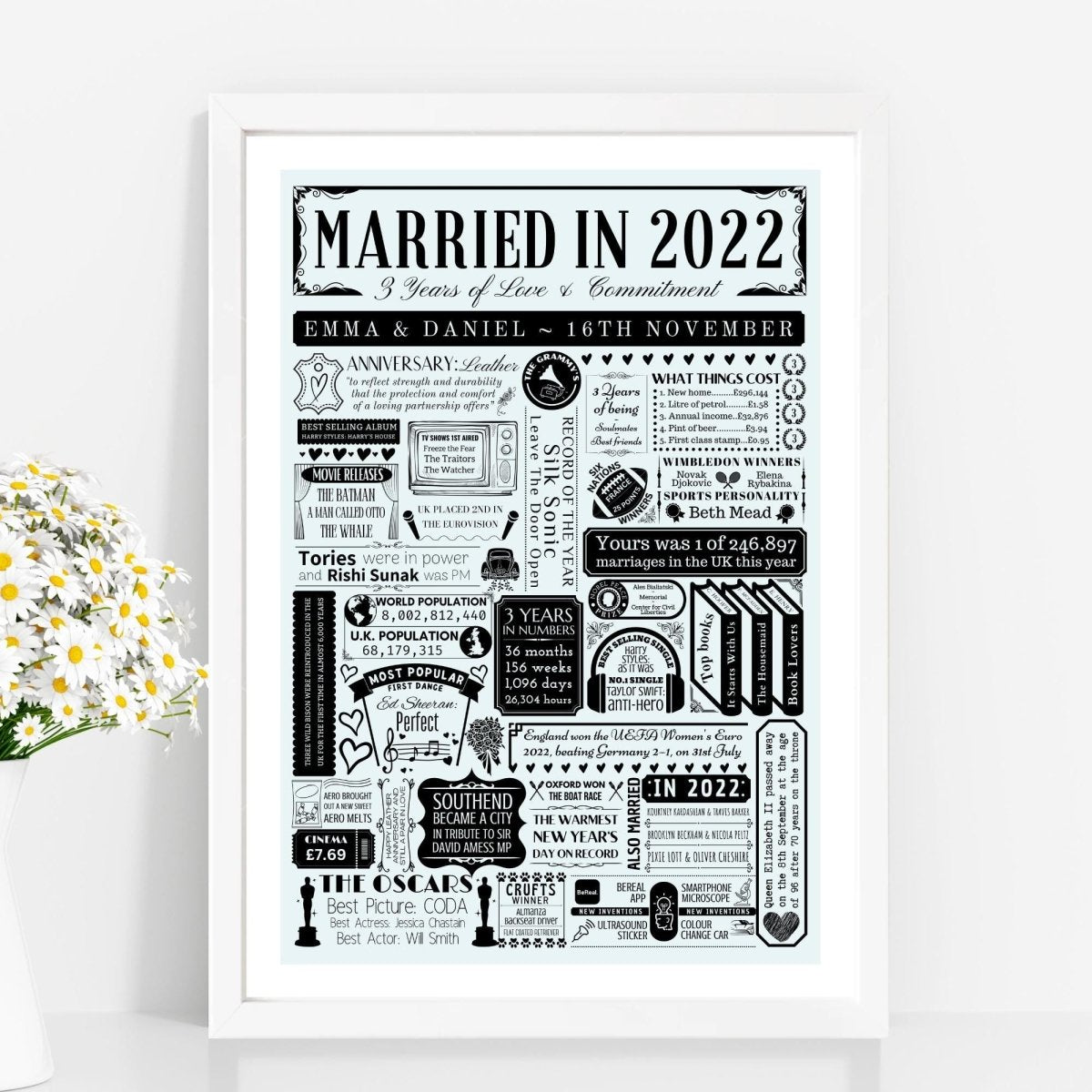 Married in 2022 Print | Personalised 3rd Leather Wedding Anniversary Gift - The Word Shack