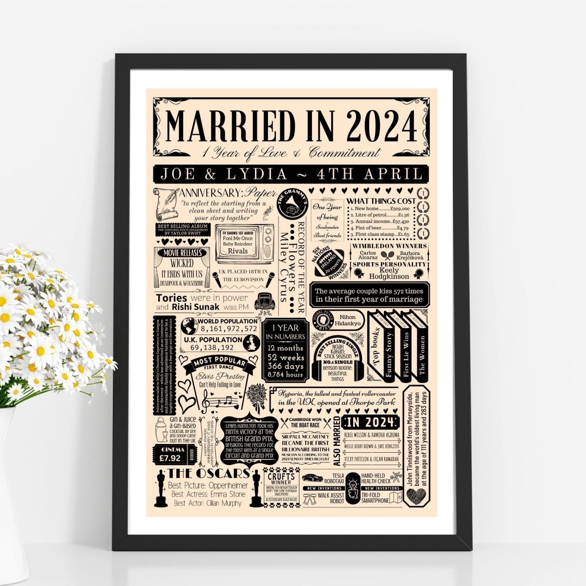 Married in 2024 Fact Print | Personalised 1st Year Paper Wedding Anniversary Gift - The Word Shack