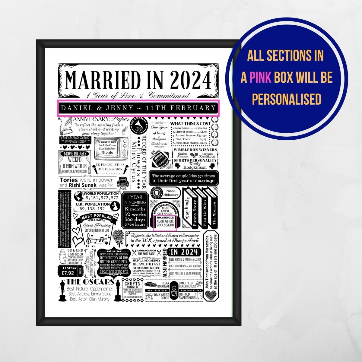 Married in 2024 Fact Print | Personalised 1st Year Paper Wedding Anniversary Gift - The Word Shack