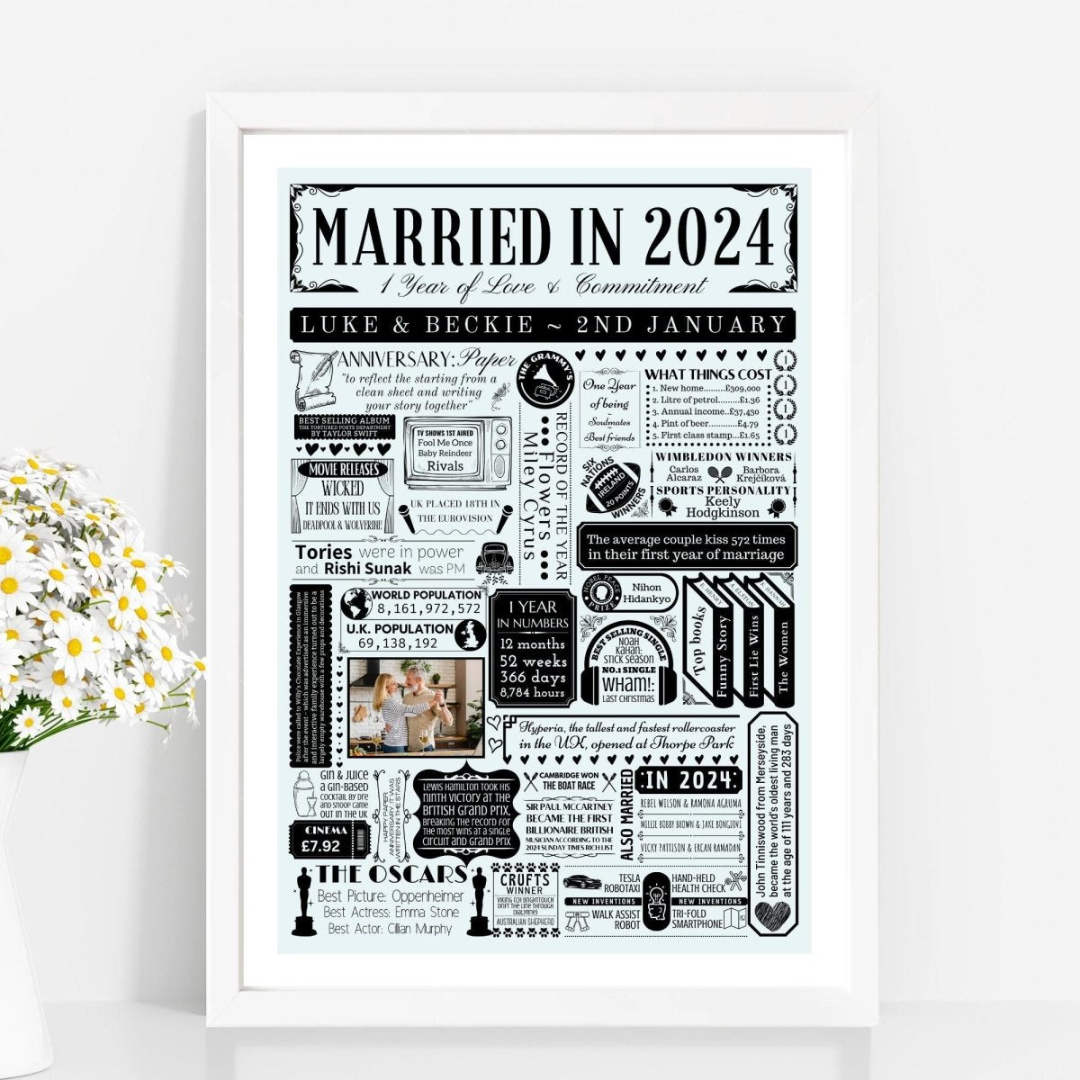 Married in 2024 Photo Print | Personalised 1st Year Paper Wedding Anniversary Gift - The Word Shack