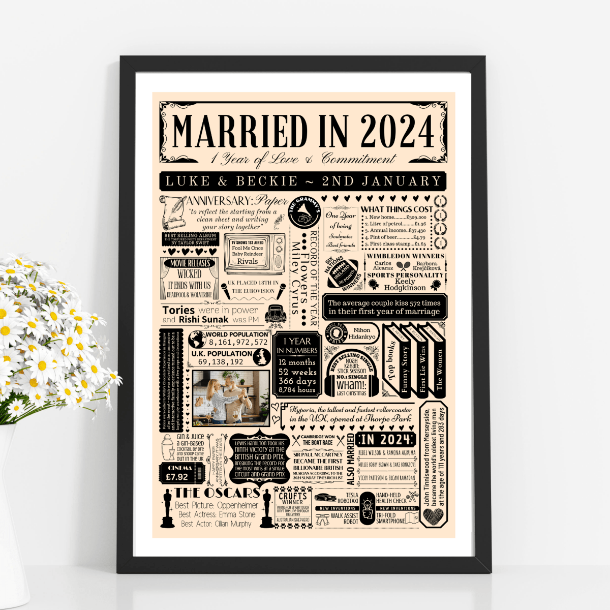 Married in 2024 Photo Print | Personalised 1st Year Paper Wedding Anniversary Gift - The Word Shack