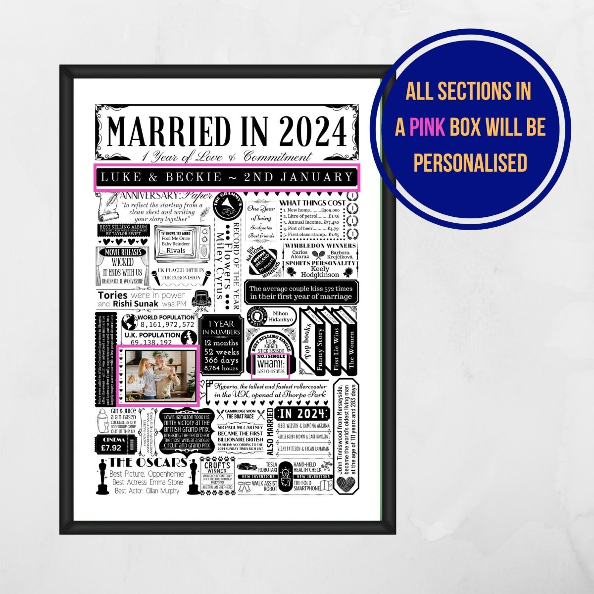 Married in 2024 Photo Print | Personalised 1st Year Paper Wedding Anniversary Gift - The Word Shack