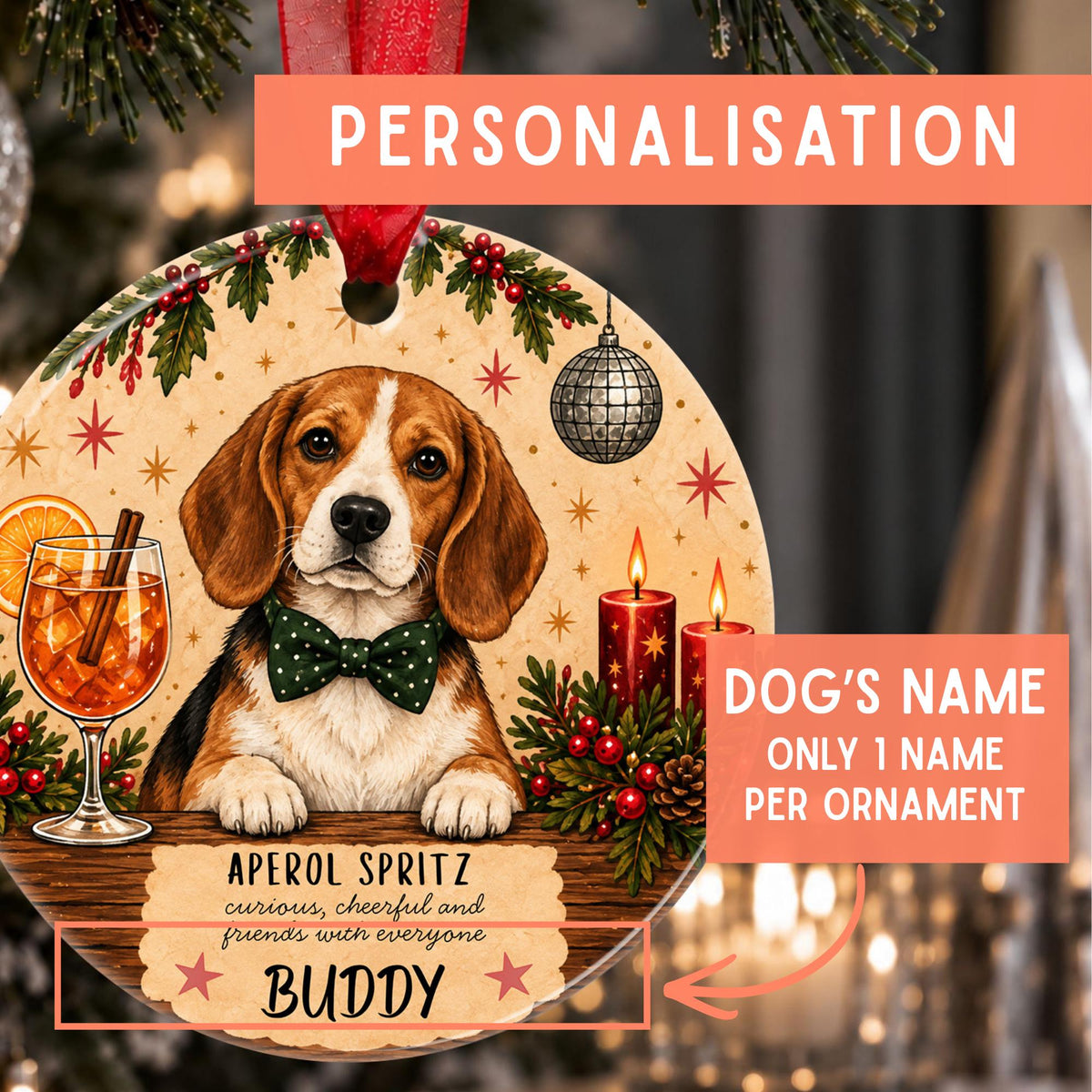 Personalized Christmas ornament featuring a beagle dog illustration with a green bow tie, holiday garlands, candles, and a drink, with text fields for personalization and dog's name on a festive background.