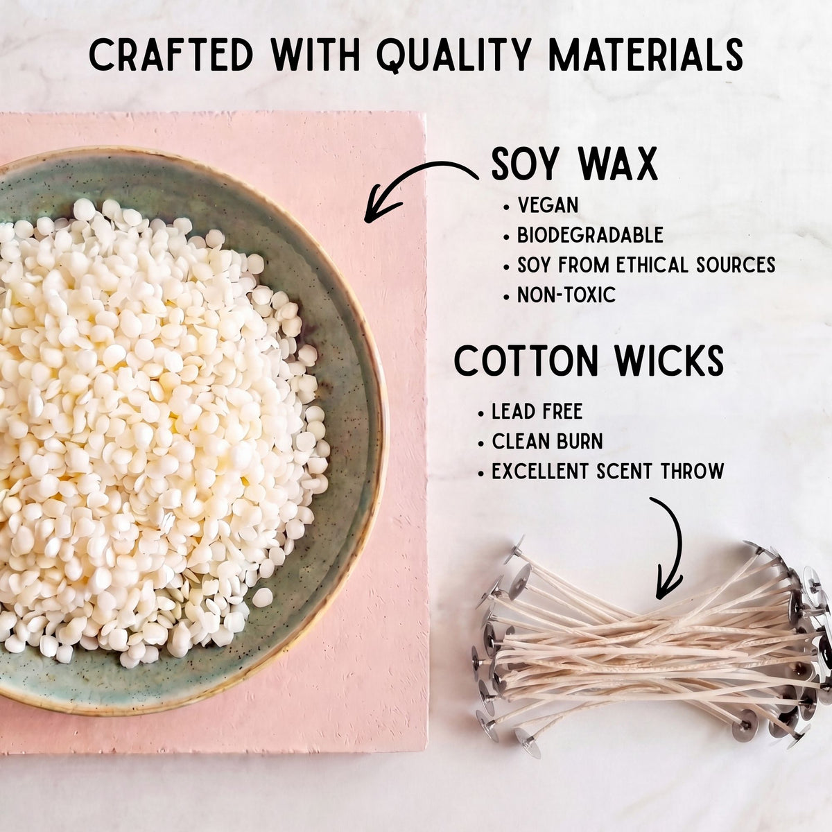 Natural vegan soy wax flakes in a ceramic bowl alongside lead-free cotton candle wicks, highlighting the biodegradable soy wax and quality materials used in handmade scented candles.