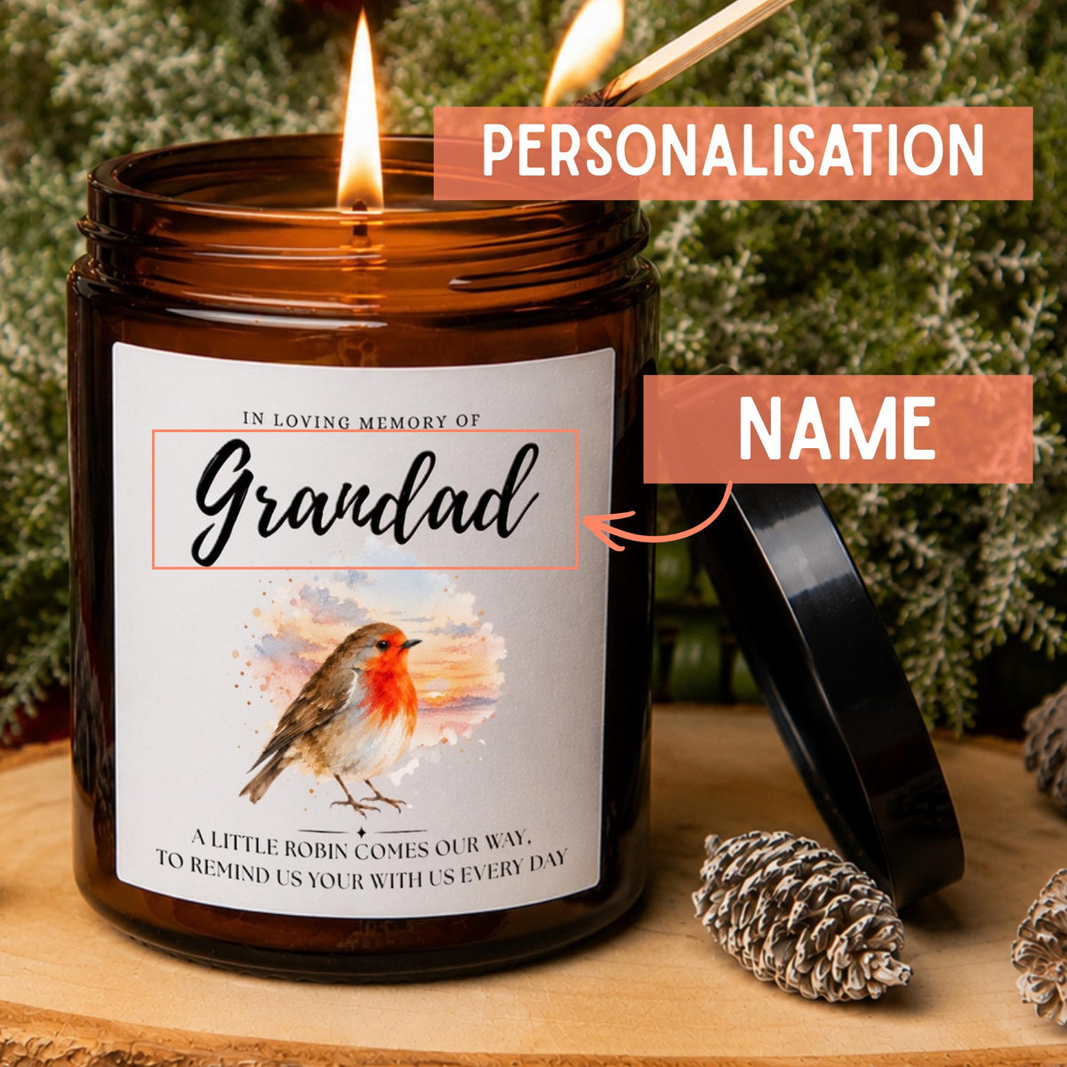 Close-up of personalised robin memorial apothecary candle showing the customisable Grandad name, watercolour robin illustration and remembrance verse, with personalisation highlighted.