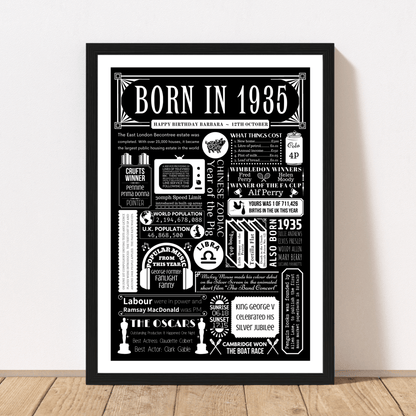1935 90th Birthday Fact Print | Personalised 90th Birthday Gift - The Word Shack