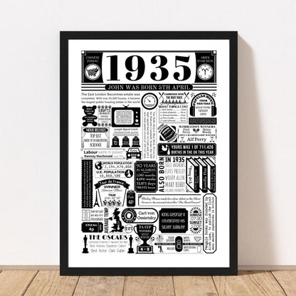 1935 Birthday Fact Poster | Personalised 90th Birthday Gift - The Word Shack