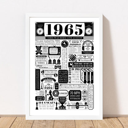 1965 Birthday Fact Poster | Personalised 60th Birthday Gift - The Word Shack
