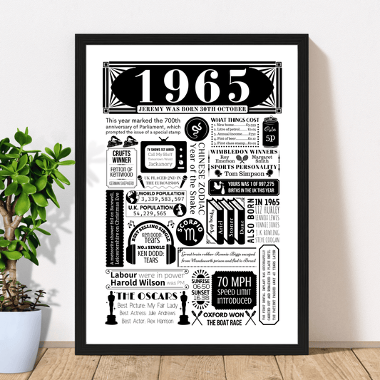 1965 Personalised Fact Poster - 60th Birthday Gift - The Word Shack