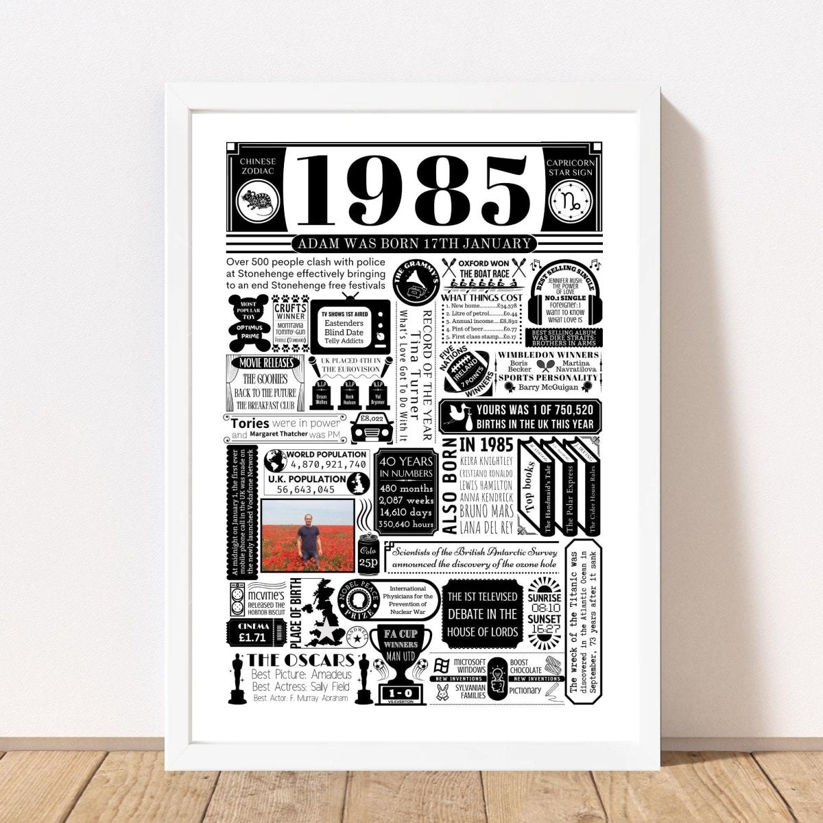 1985 Year You Were Born Fact Print with Photo | Personalised 40th Birthday Gift - The Word Shack