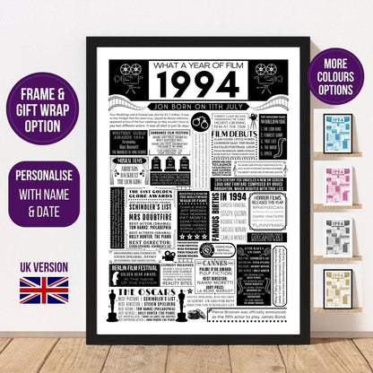 1994 Personalised Film Fact Birthday Print | 30th Movie Facts Birthday Gift | Poster Gift for Him | Gift for Her - UK Version - The Word Shack