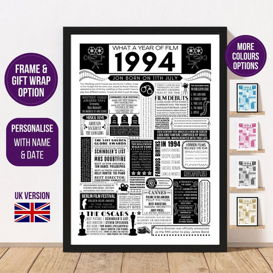 1994 Personalised Film Fact Birthday Print | 30th Movie Facts Birthday Gift | Poster Gift for Him | Gift for Her - UK Version - The Word Shack