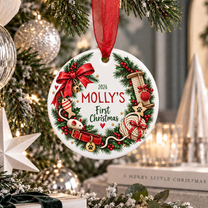 A round white Christmas ornament hanging from a red ribbon, decorated with a green wreath, red bow, red text reading '2026 MOLLY'S First Christmas,' and holiday illustrations including a red gift box, paw prints, and a spool of thread. The ornament is photographed in a festive indoor setting with a lit Christmas tree and holiday decor in the background.