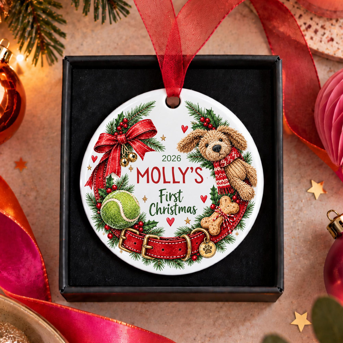 A personalized round Christmas ornament displayed inside a black gift box, featuring an illustrated brown teddy bear, red ribbon, green pine branches, a tennis ball, and the text '2026 MOLLY'S First Christmas'. The box is surrounded by festive holiday decorations including red ribbons, ornaments, and star confetti.