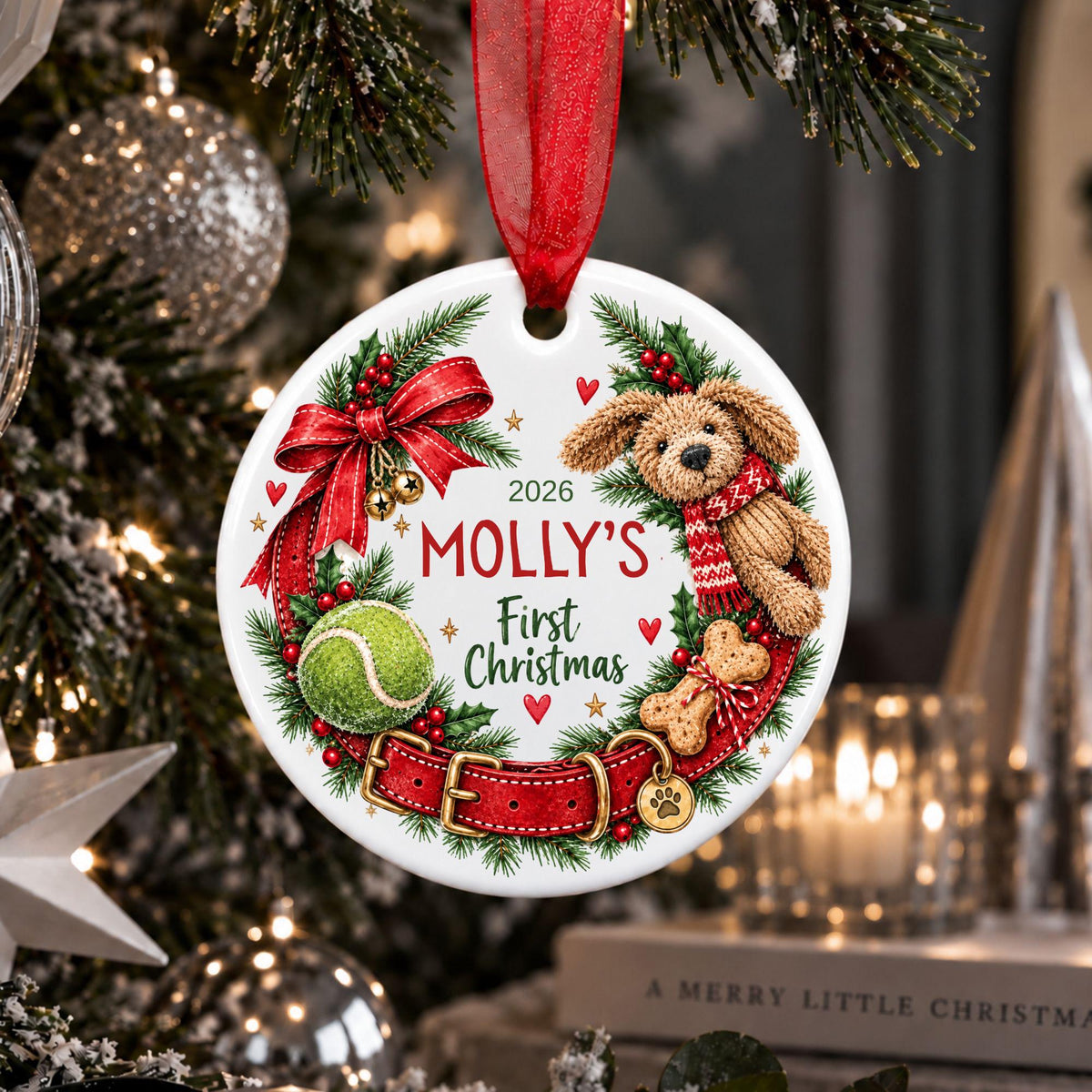 A personalized round Christmas ornament hanging on a decorated Christmas tree. The white ornament features an illustration of a brown teddy bear wearing a red scarf, a red bow, green pine branches with red berries, a green tennis ball, and the text '2026 MOLLY'S First Christmas'.