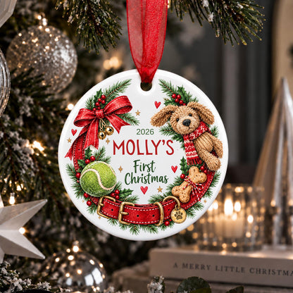 A personalized round Christmas ornament hanging on a decorated Christmas tree. The white ornament features an illustration of a brown teddy bear wearing a red scarf, a red bow, green pine branches with red berries, a green tennis ball, and the text '2026 MOLLY'S First Christmas'.