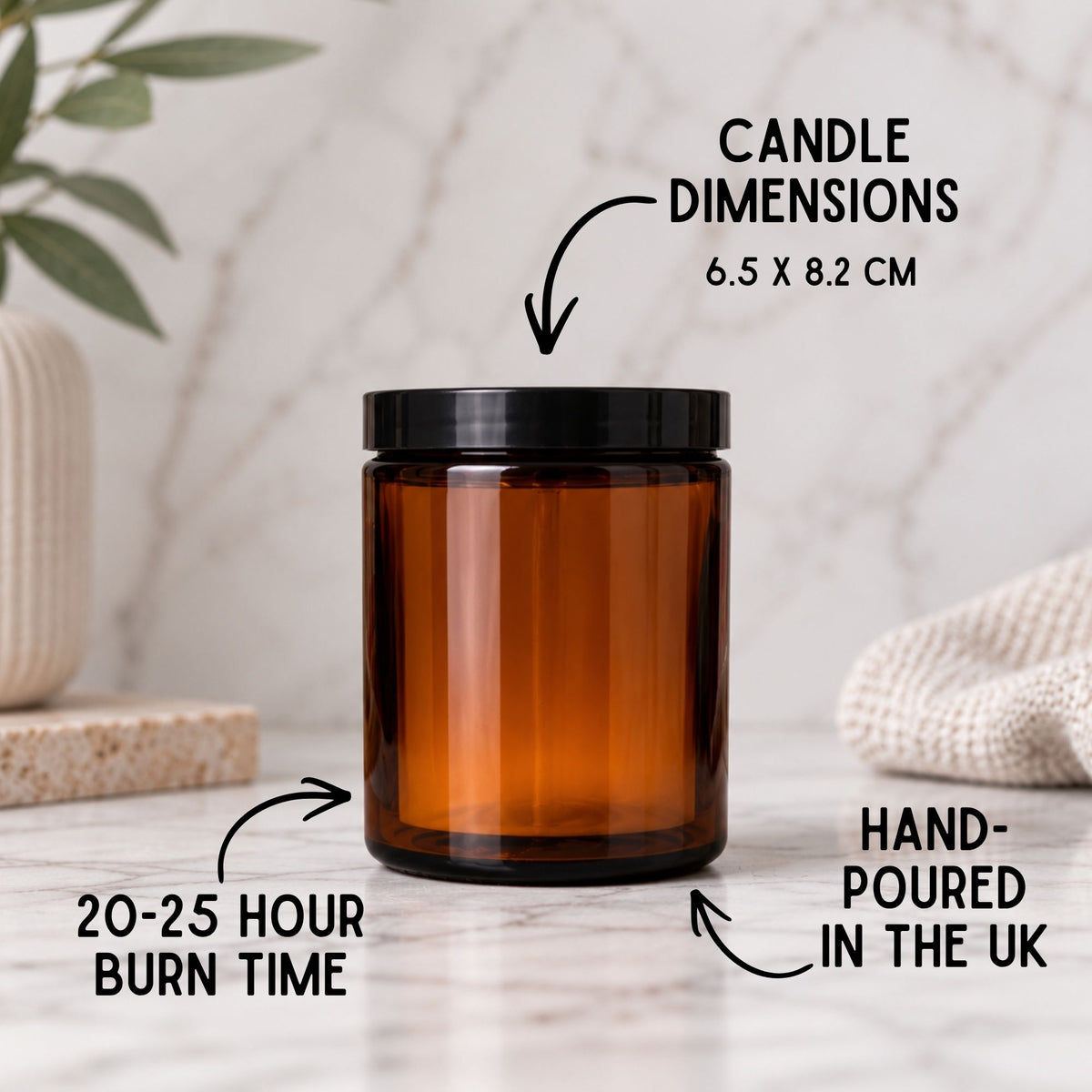 Amber glass scented soy candle jar with black lid, measuring 6.5 x 8.2 cm, with approximately 20–25 hours of burn time and hand-poured in the UK.