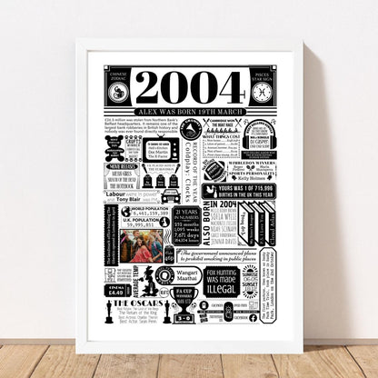 2004 Birthday Fact Poster with Photo | Personalised 21st Birthday Gift - The Word Shack
